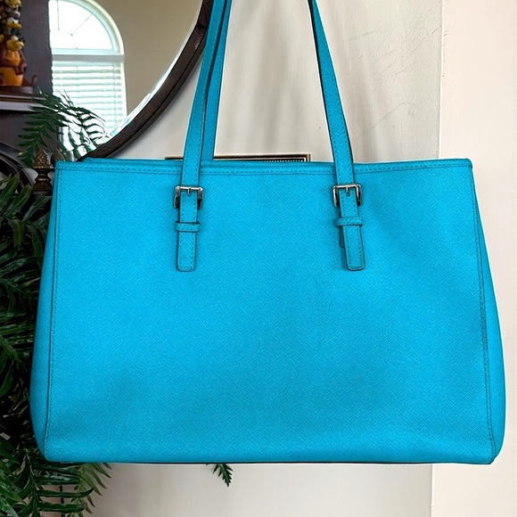 Michael Kors Saffiano Leather Jet Set Large Tote Turquoise Blue Shoulder Bag - Picture 7 of 16